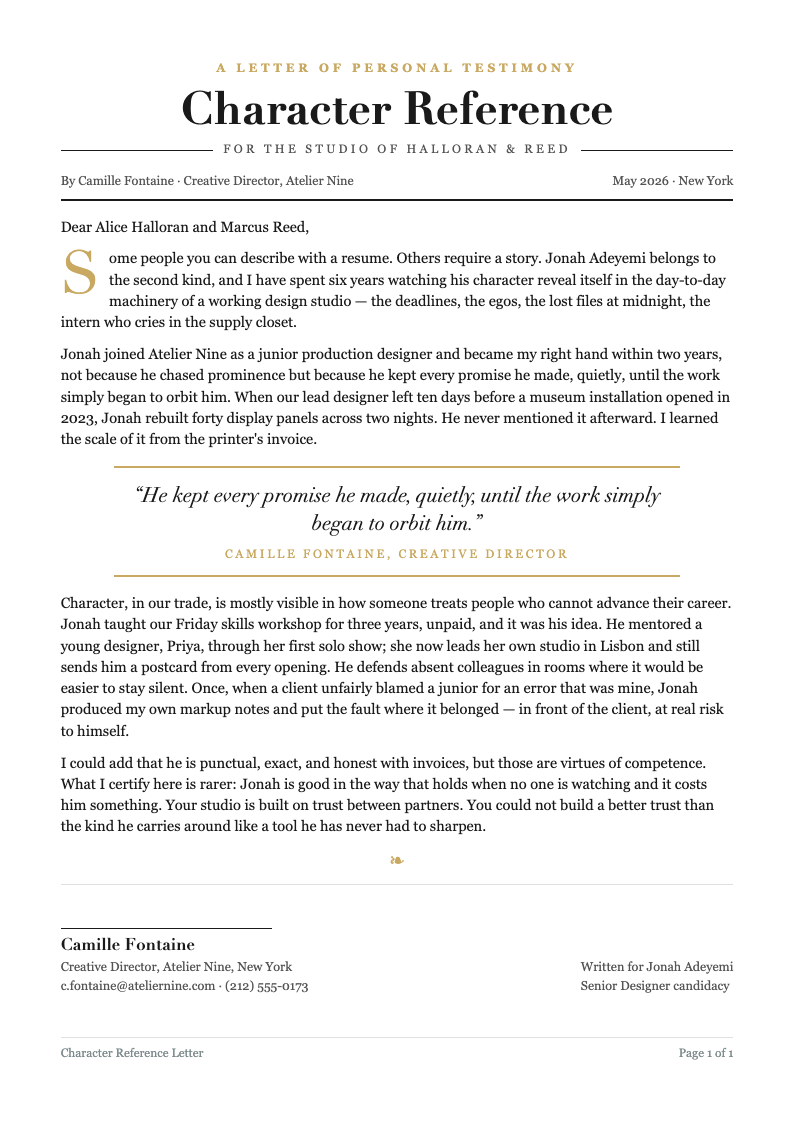 Editorial magazine character reference letter